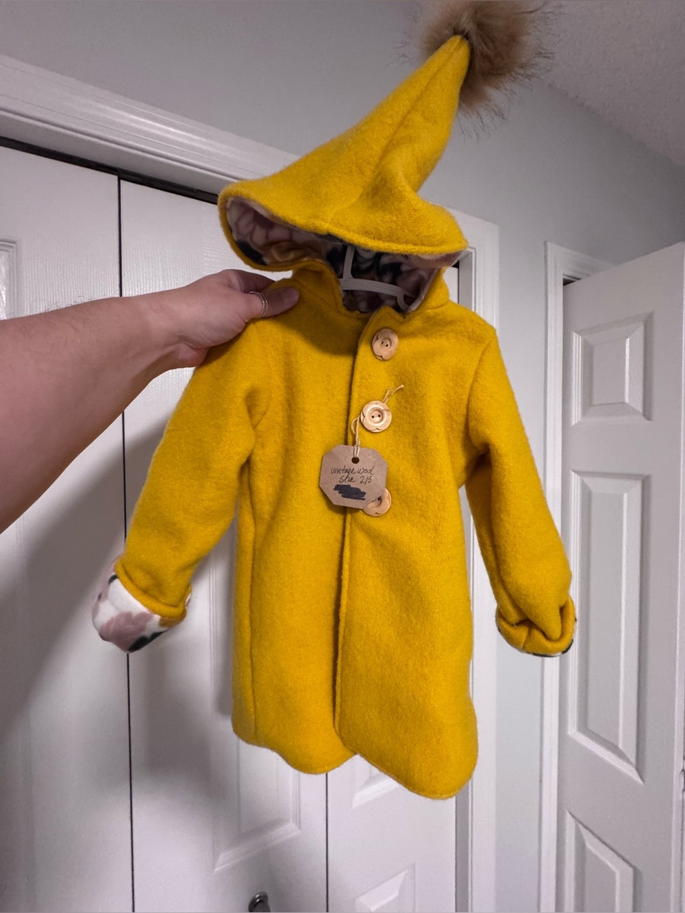 Echo Tas Wool Coat Yellow Hooded Wool-Blend Coat with Pom Pom
